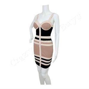 A'gaci Mauve Colorblock Cream Tan Black Stretch Bustier Party Dress w/Padded Bra